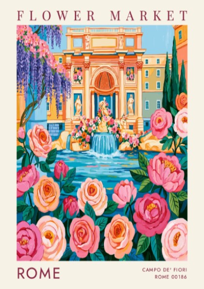 Flower market poster showcasing vibrant colors and cityscape elements