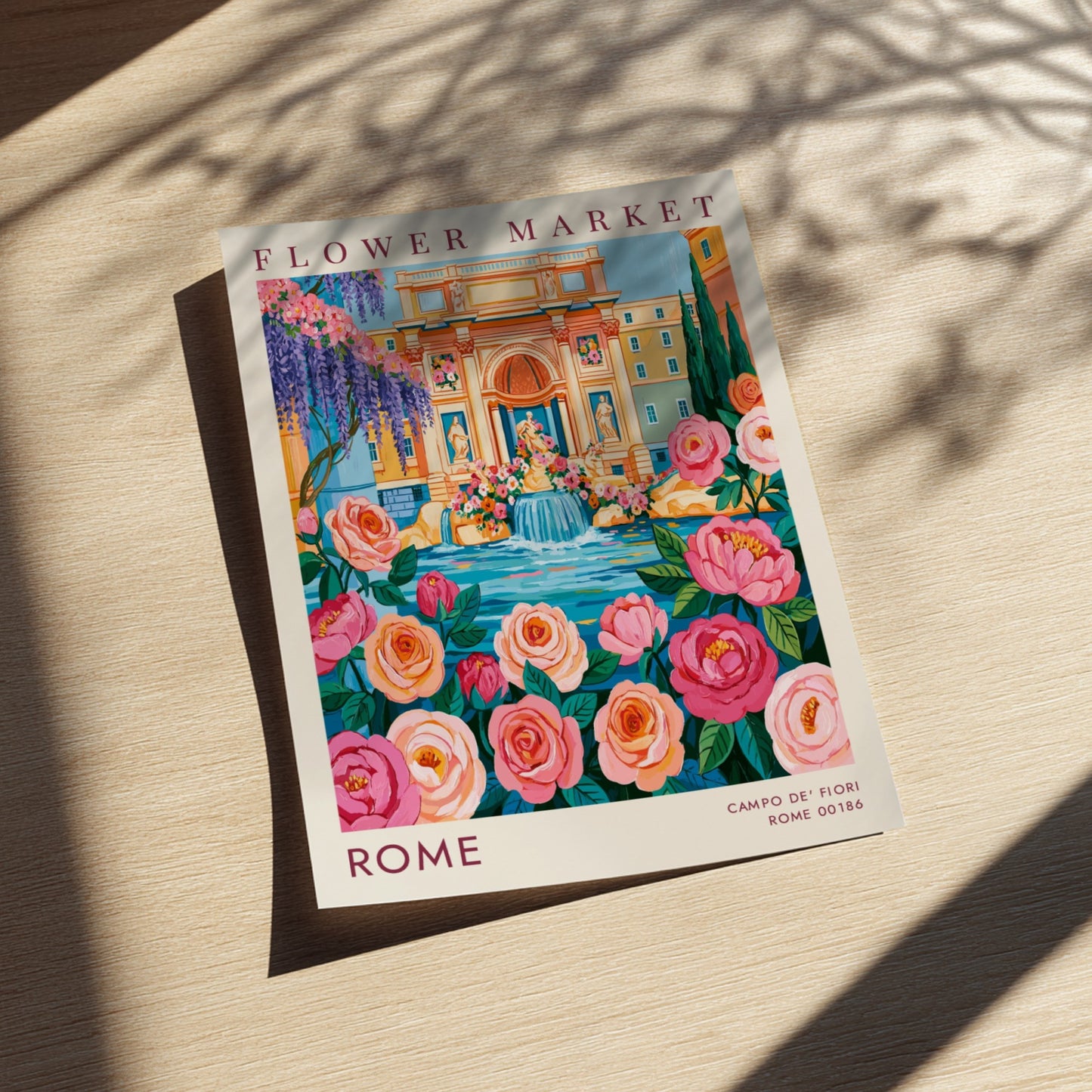 Flower market poster showcasing vibrant colors and cityscape elements