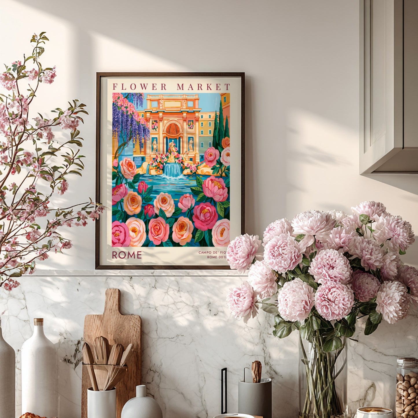 Flower market poster showcasing vibrant colors and cityscape elements