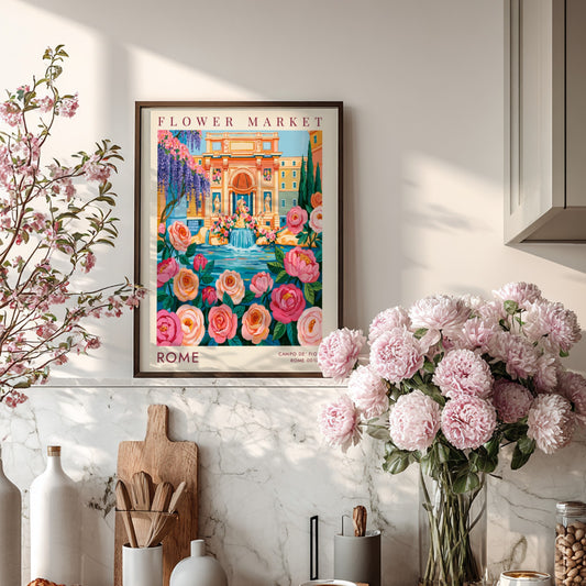 Flower market poster showcasing vibrant colors and cityscape elements