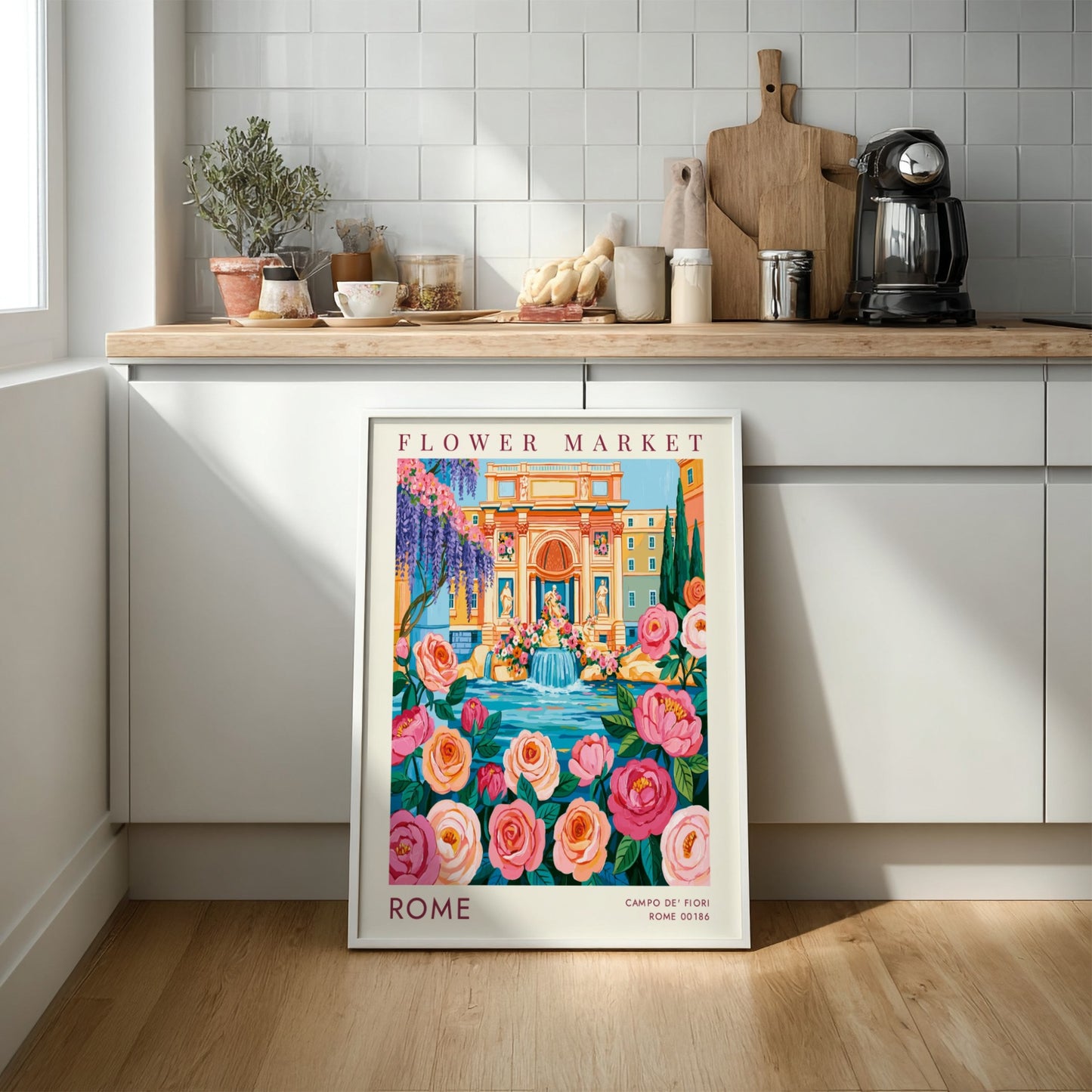 Flower market poster showcasing vibrant colors and cityscape elements