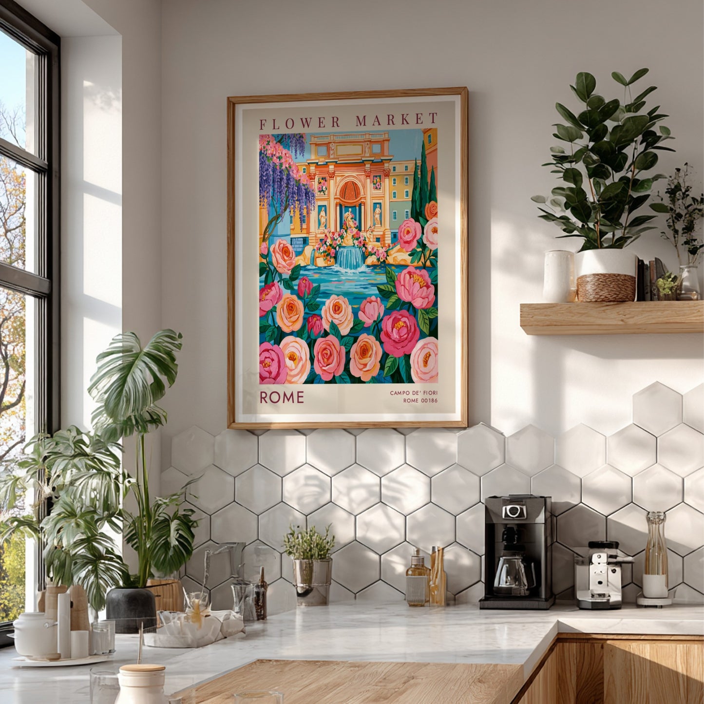 Flower market poster showcasing vibrant colors and cityscape elements