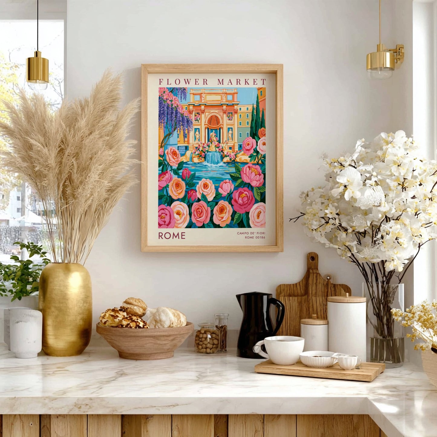 Flower market poster showcasing vibrant colors and cityscape elements