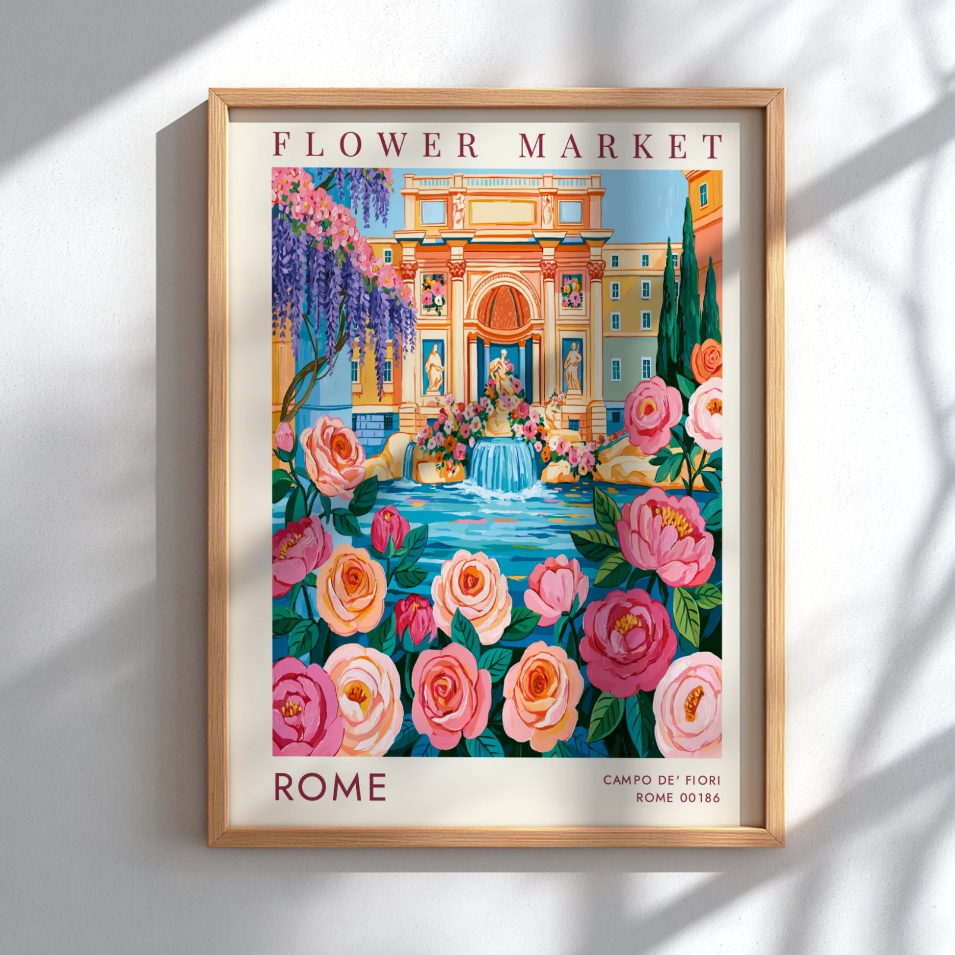Flower market poster showcasing vibrant colors and cityscape elements