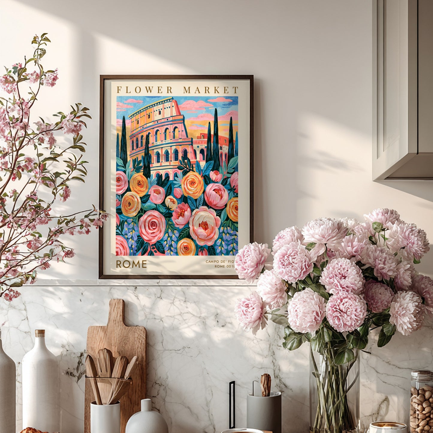 Flower market poster showcasing vibrant colors and the Colosseum in Rome