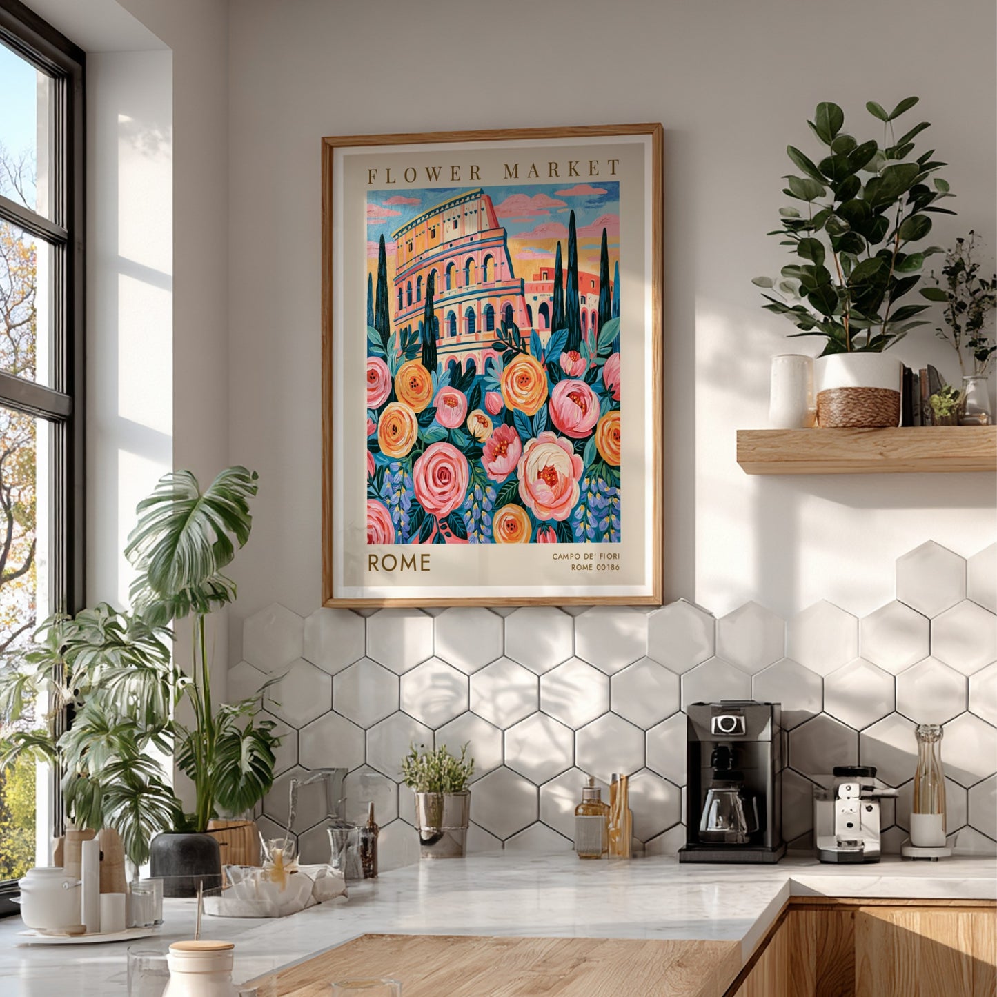 Flower market poster showcasing vibrant colors and the Colosseum in Rome
