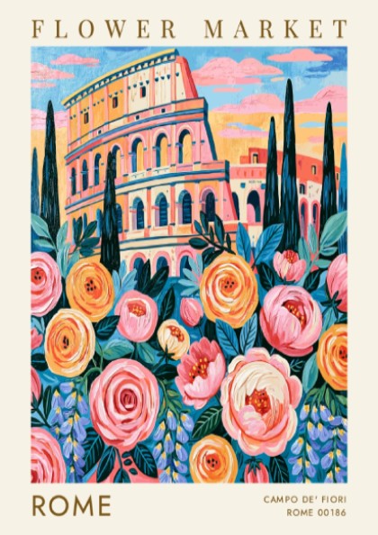 Flower market poster showcasing vibrant colors and the Colosseum in Rome
