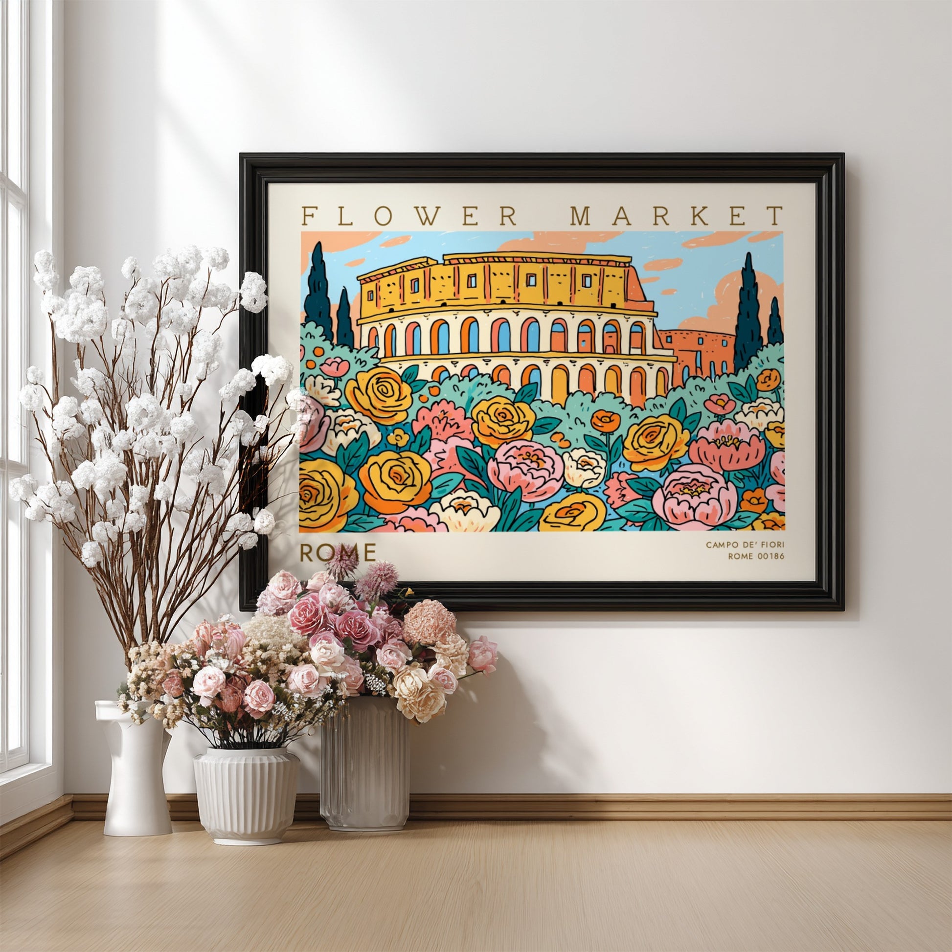 Flower market poster featuring colorful blooms and a scenic view of Rome
