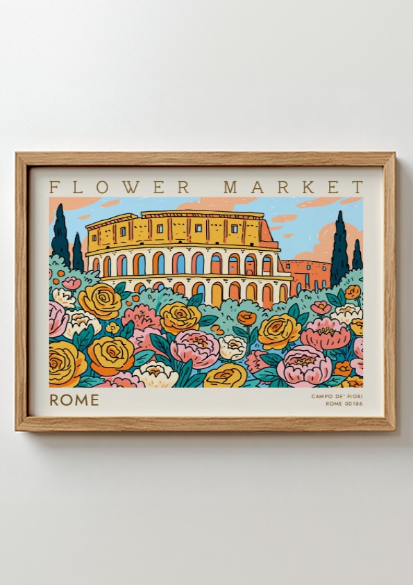 Flower market poster featuring colorful blooms and a scenic view of Rome