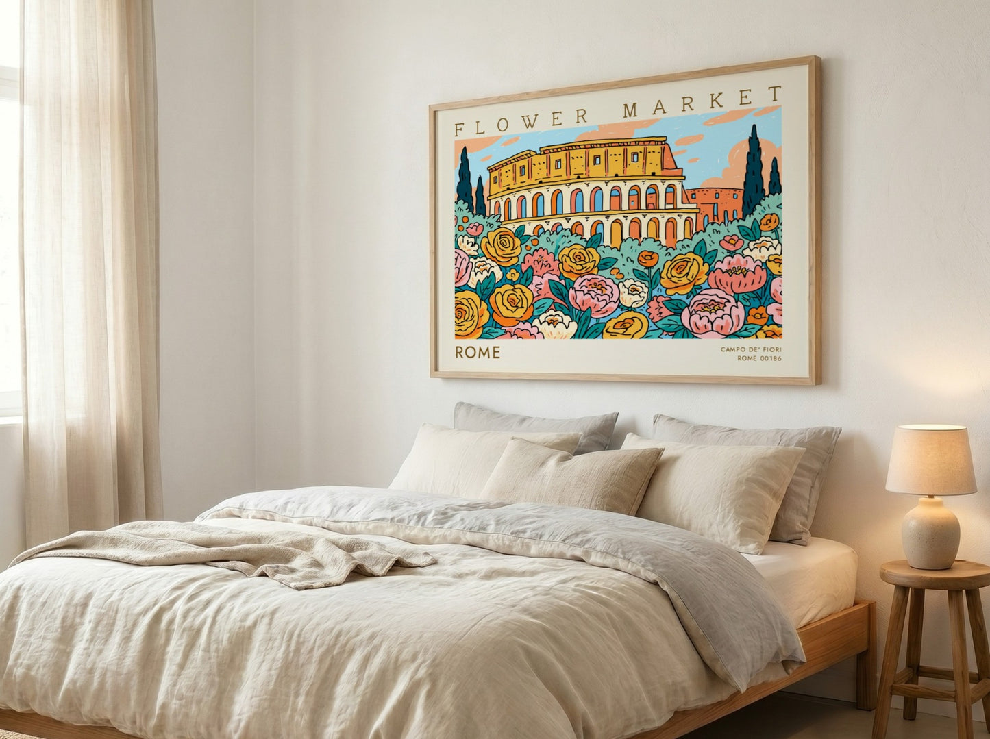 Flower market poster featuring colorful blooms and a scenic view of Rome