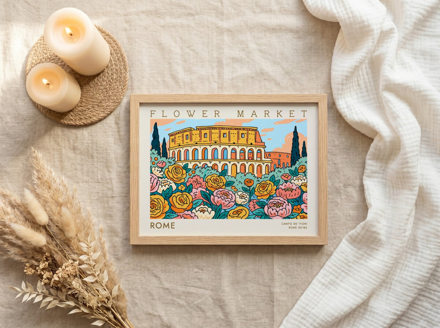 Flower market poster featuring colorful blooms and a scenic view of Rome