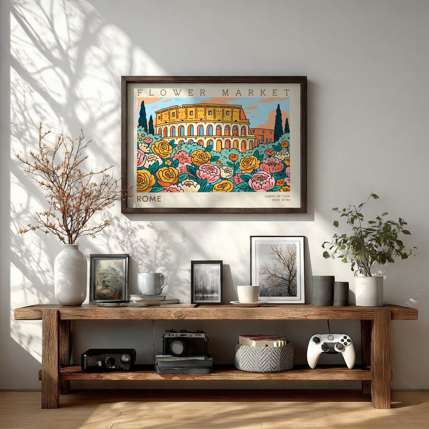 Flower market poster featuring colorful blooms and a scenic view of Rome