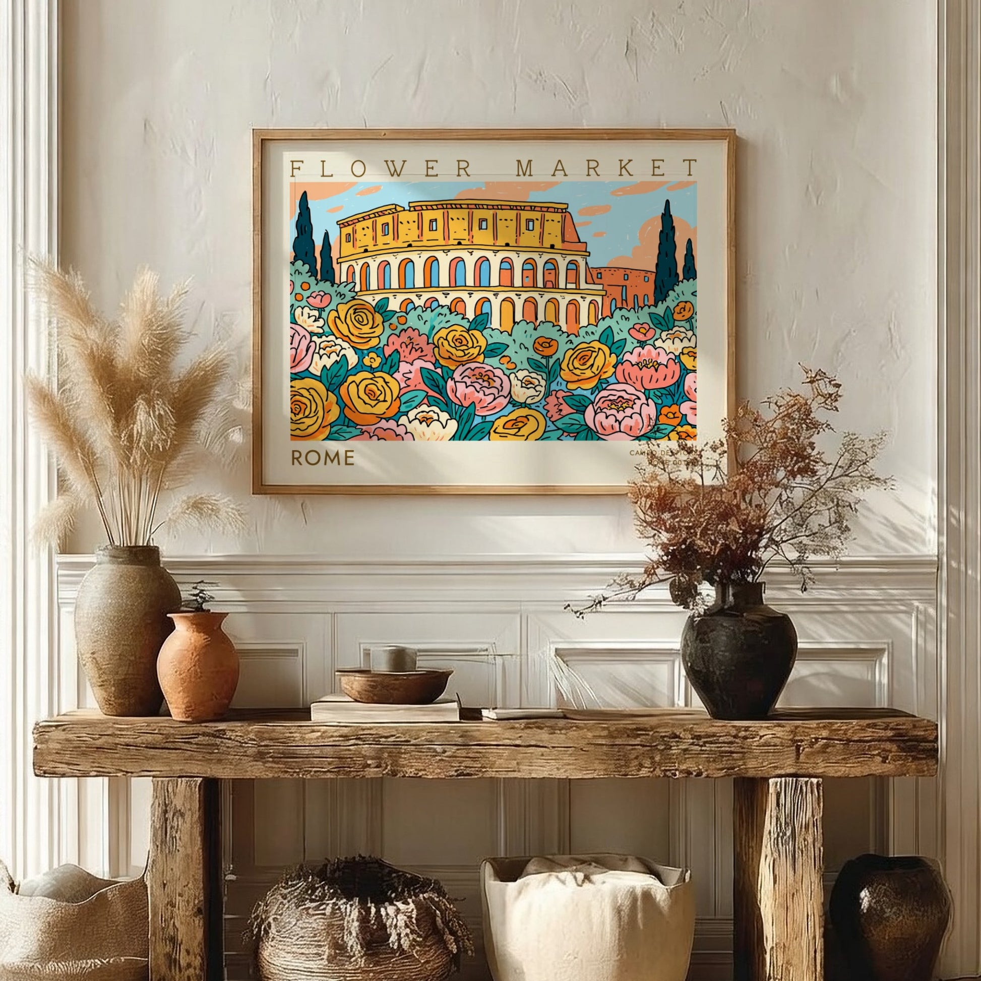 Flower market poster featuring colorful blooms and a scenic view of Rome