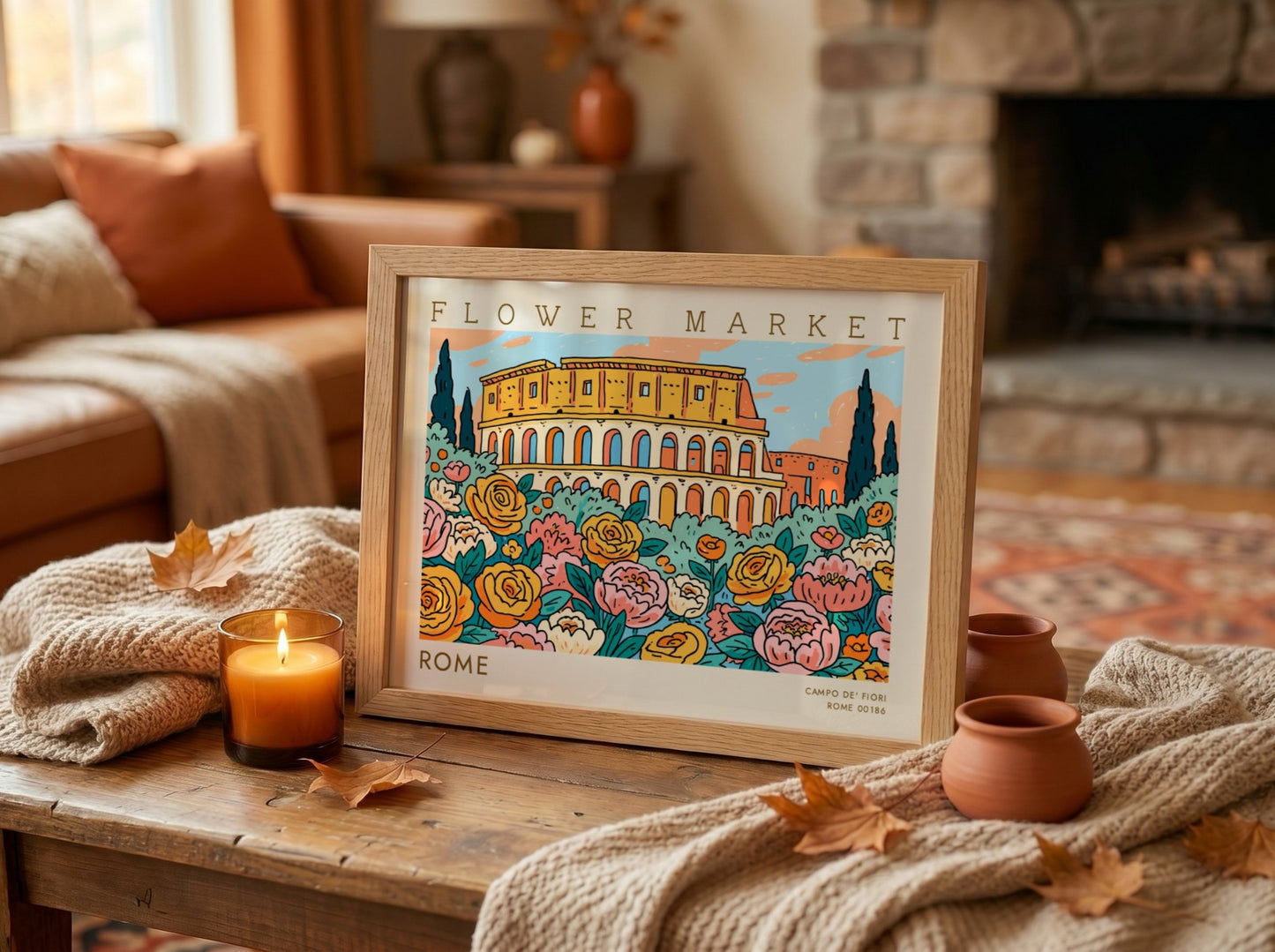 Flower market poster featuring colorful blooms and a scenic view of Rome