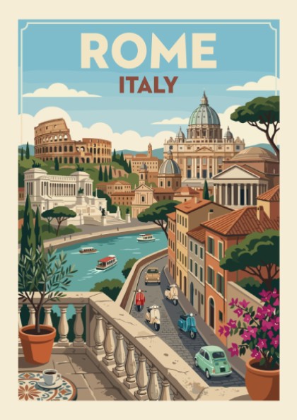 Vintage Rome travel poster featuring the Colosseum, St. Peter's Basilica, and a balcony view of the city.