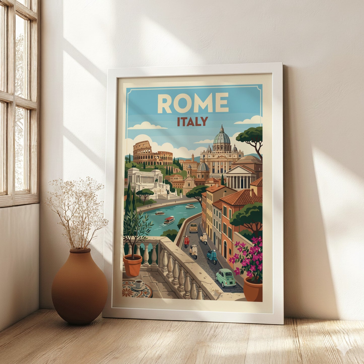 Vintage Rome travel poster featuring the Colosseum, St. Peter's Basilica, and a balcony view of the city.