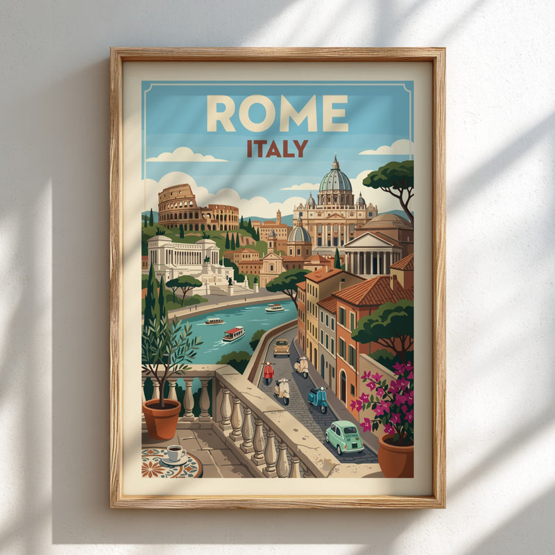 Vintage Rome travel poster featuring the Colosseum, St. Peter's Basilica, and a balcony view of the city.