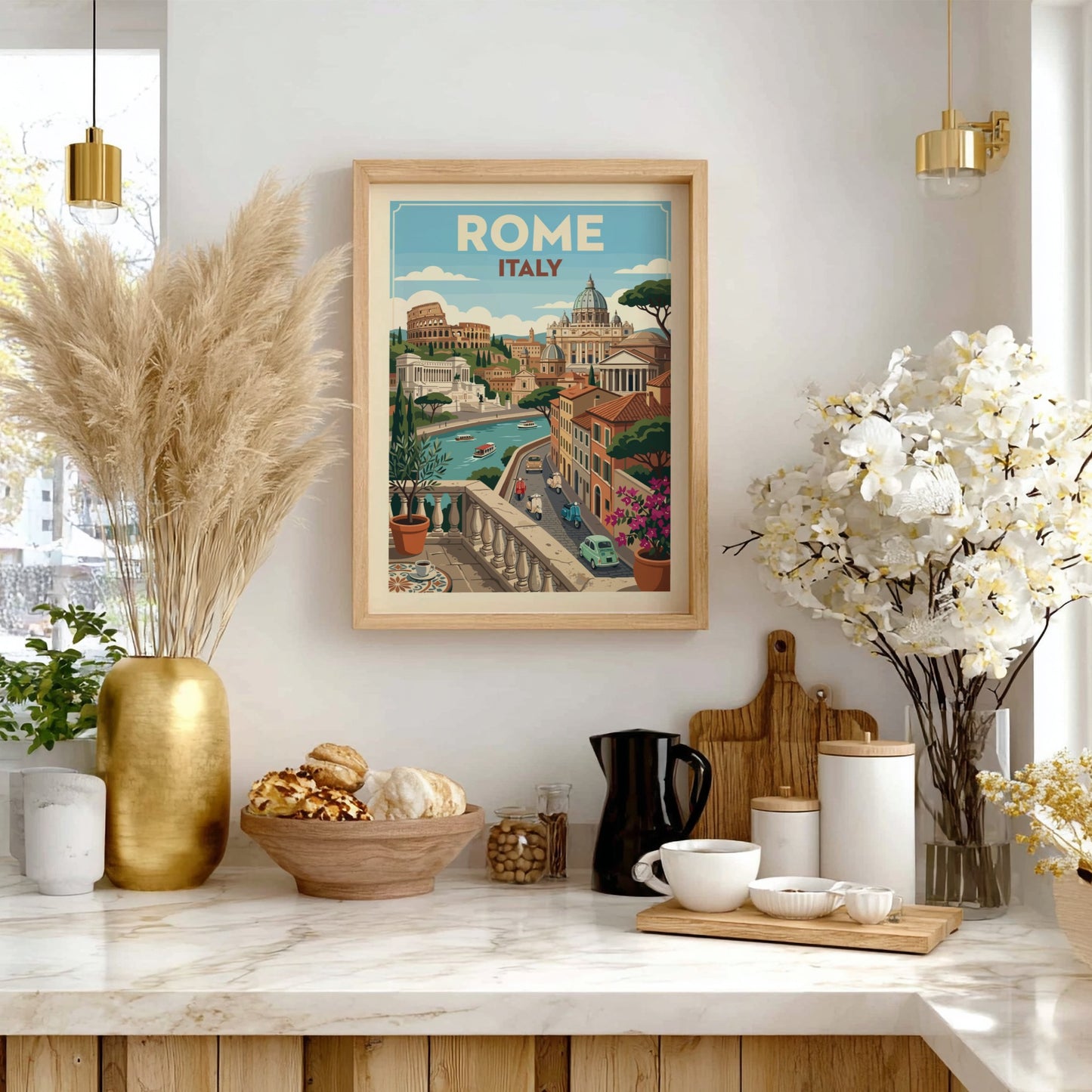 Vintage Rome travel poster featuring the Colosseum, St. Peter's Basilica, and a balcony view of the city.