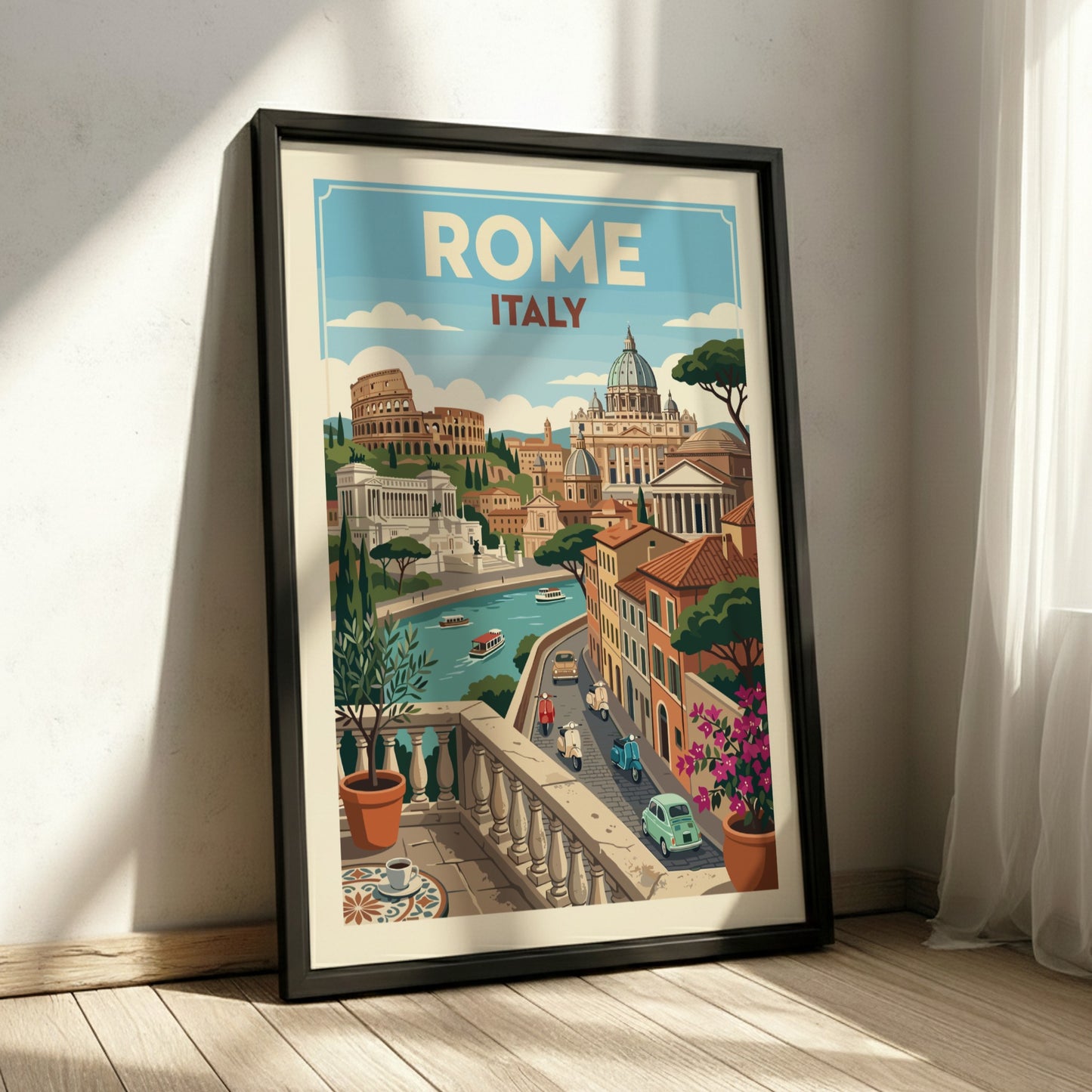 Vintage Rome travel poster featuring the Colosseum, St. Peter's Basilica, and a balcony view of the city.