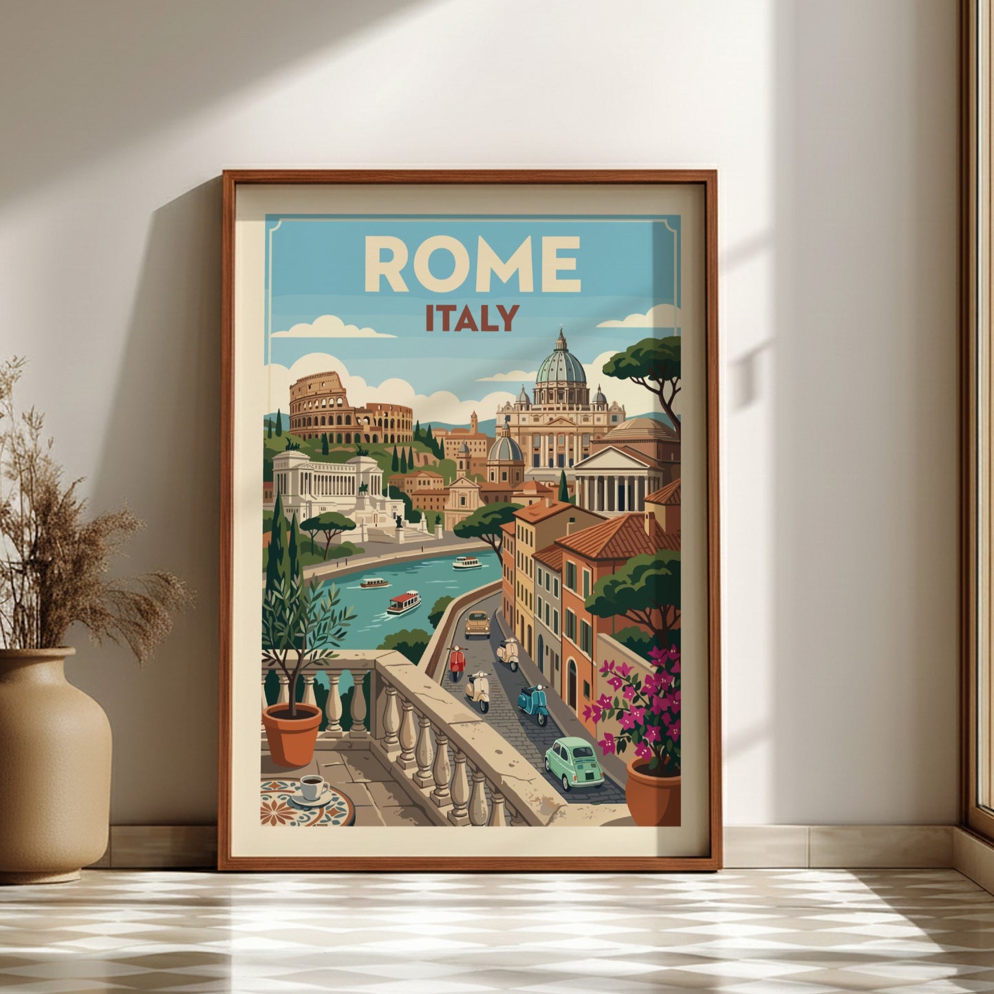Vintage Rome travel poster featuring the Colosseum, St. Peter's Basilica, and a balcony view of the city.