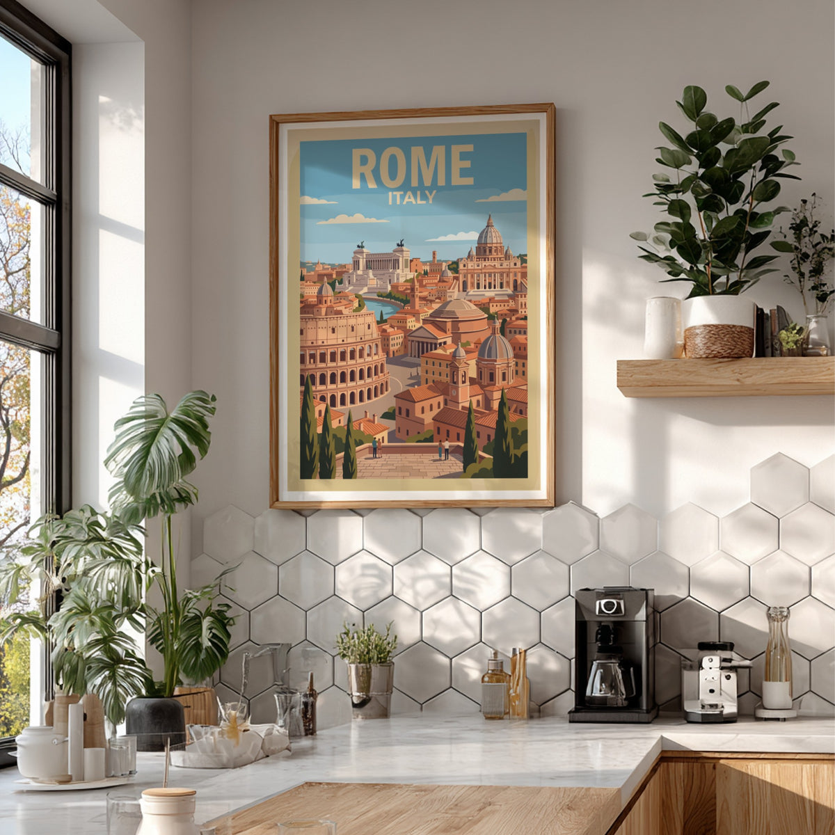 Rome Italy travel poster showing the Colosseum and St. Peter's Basilica in warm tones.