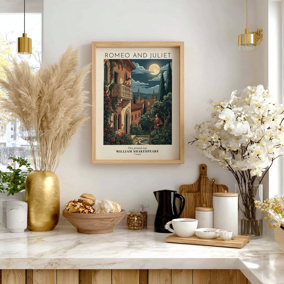 Romeo and Juliet poster showing a couple at a balcony under a bright moon