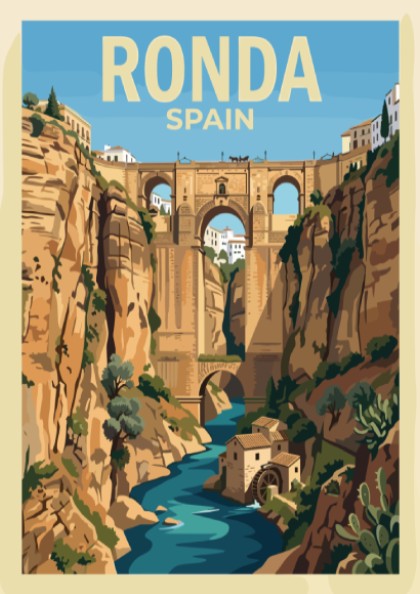 Poster of the Ronda Spain gorge featuring the famous bridge and stone buildings.