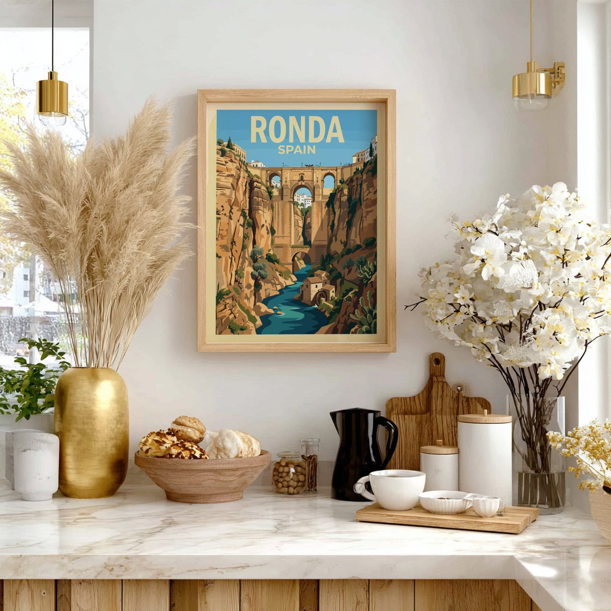 Poster of the Ronda Spain gorge featuring the famous bridge and stone buildings.