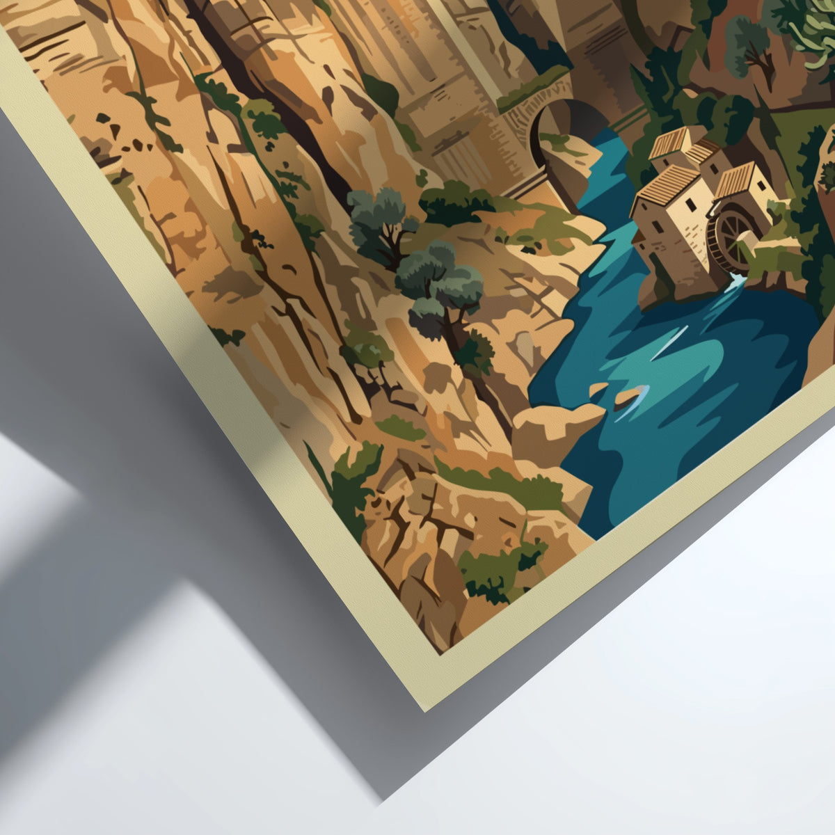 Poster of the Ronda Spain gorge featuring the famous bridge and stone buildings.