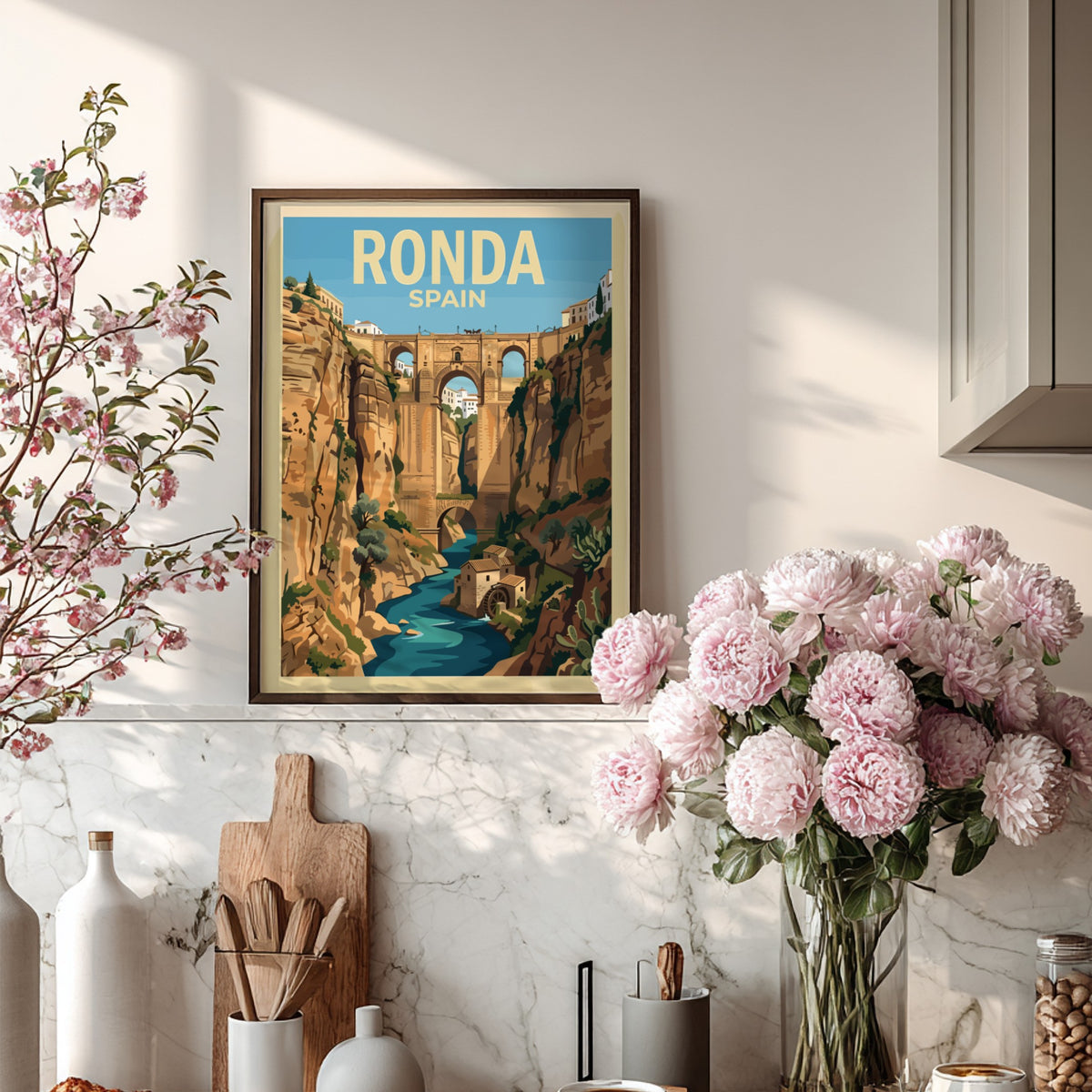 Poster of the Ronda Spain gorge featuring the famous bridge and stone buildings.