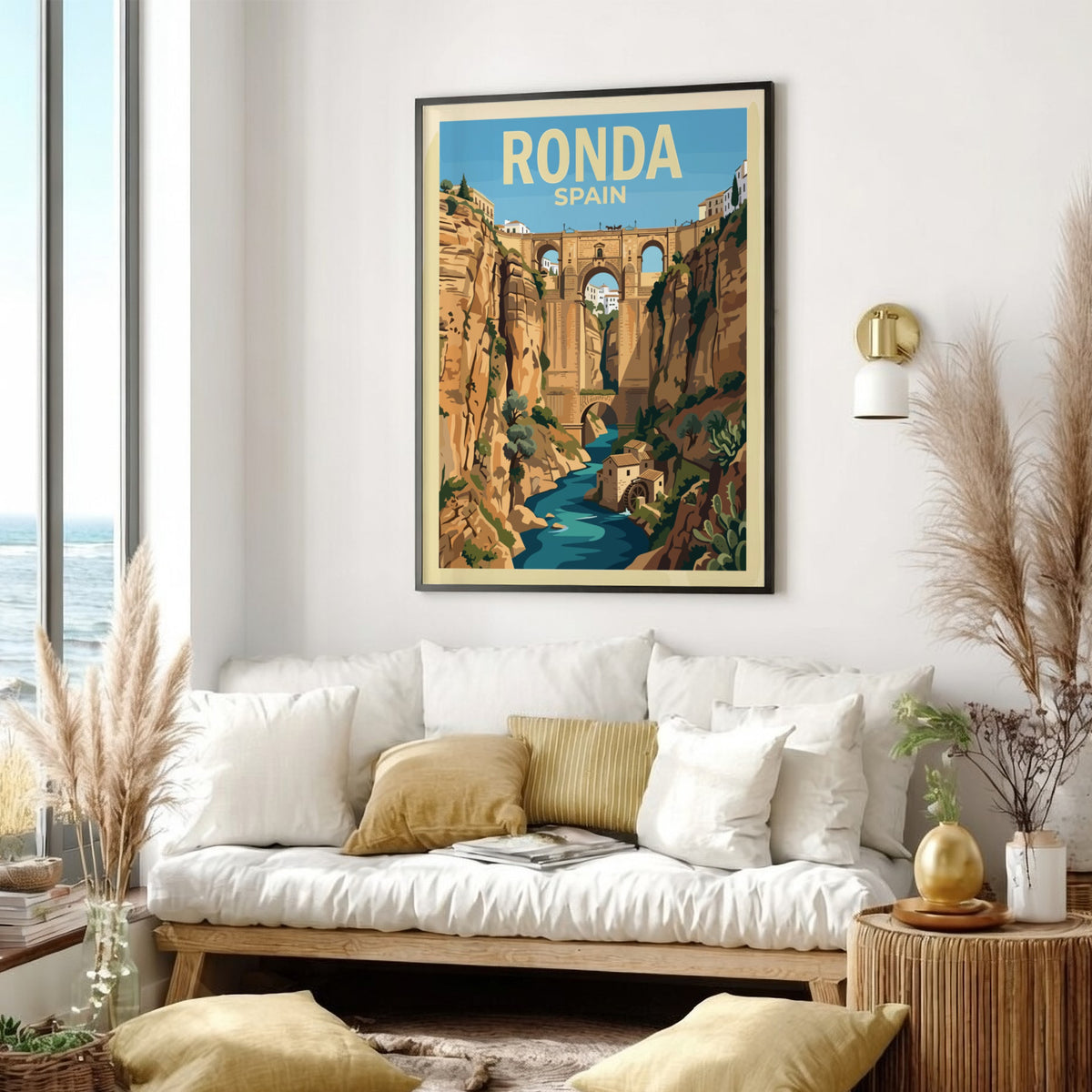Poster of the Ronda Spain gorge featuring the famous bridge and stone buildings.