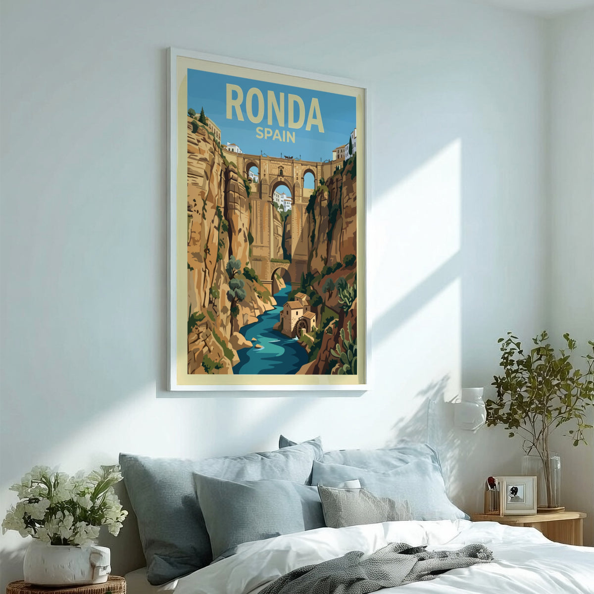 Poster of the Ronda Spain gorge featuring the famous bridge and stone buildings.