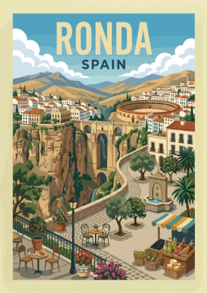 Vintage travel poster of Ronda, Spain, showing the Puente Nuevo bridge and white-washed town. Warm colors,