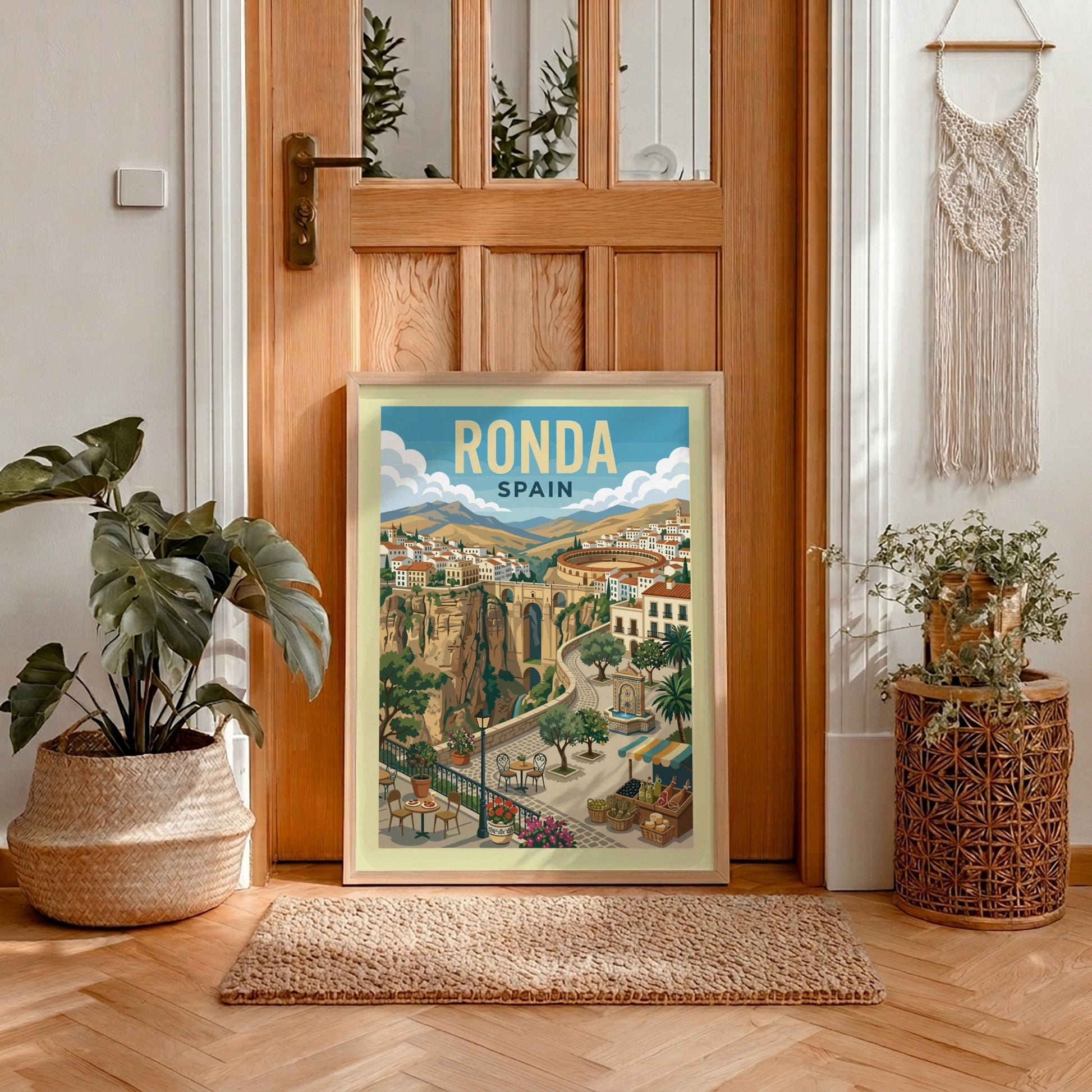 Vintage travel poster of Ronda, Spain, showing the Puente Nuevo bridge and white-washed town. Warm colors,