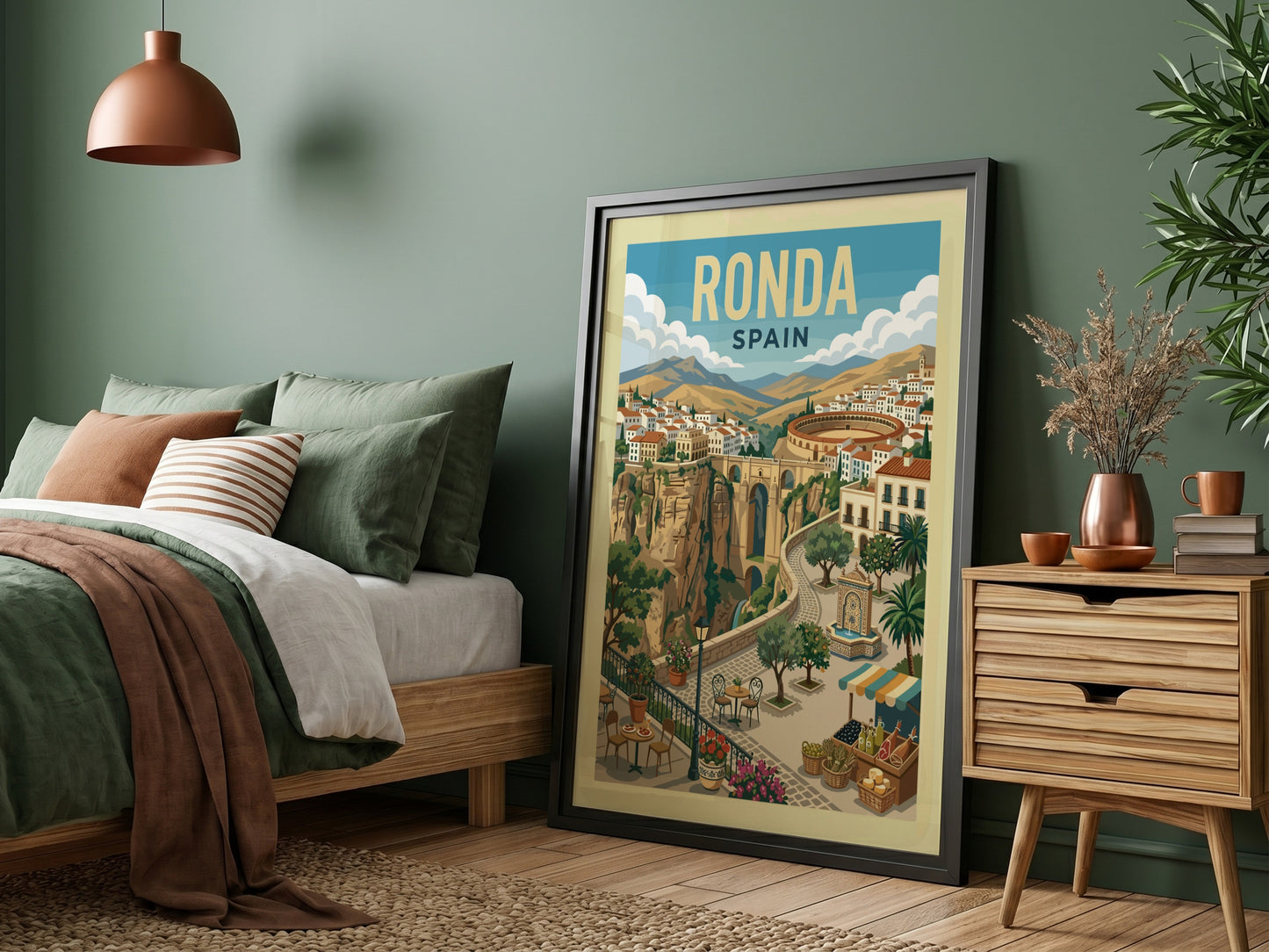 Vintage travel poster of Ronda, Spain, showing the Puente Nuevo bridge and white-washed town. Warm colors,