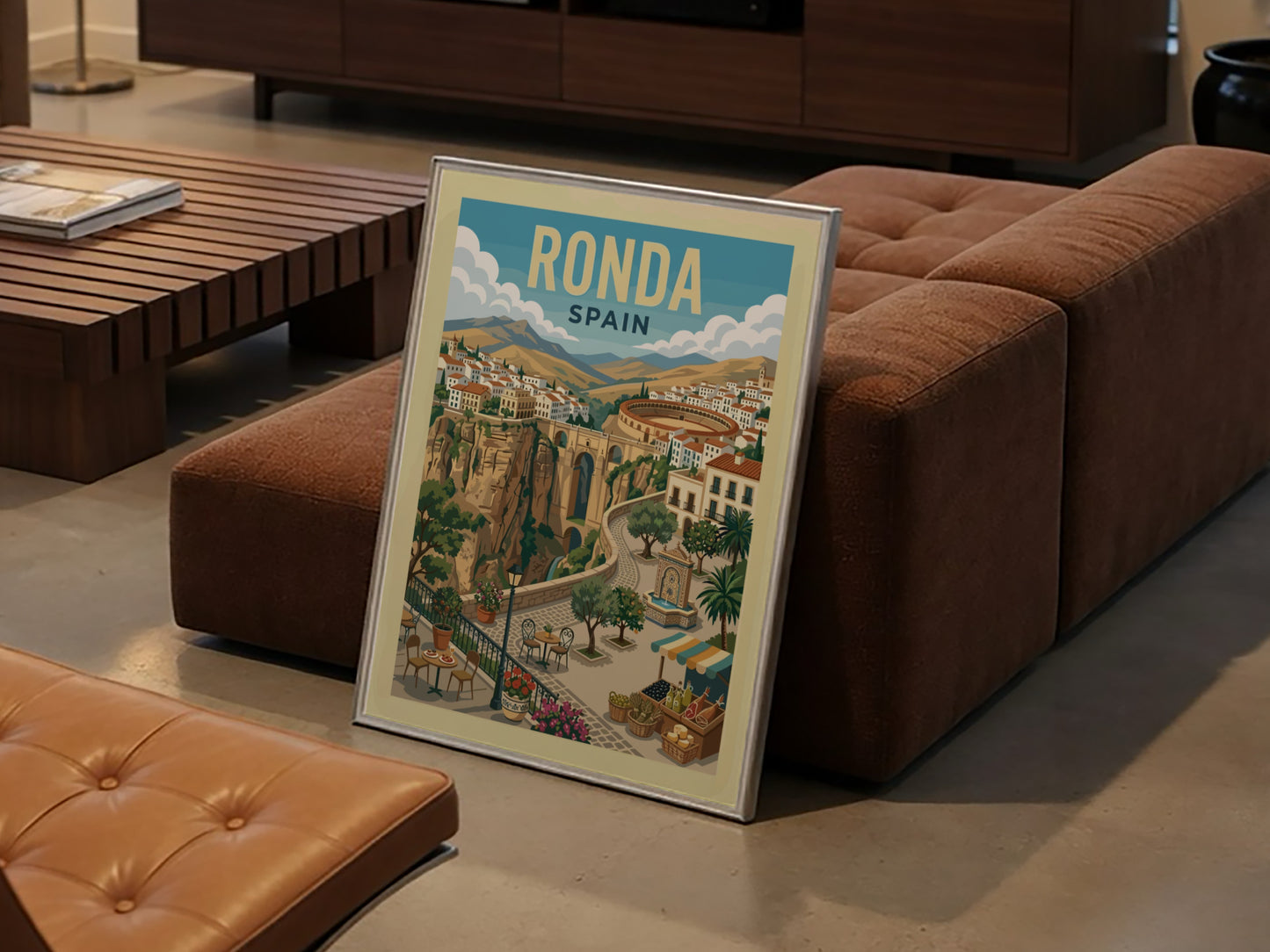 Vintage travel poster of Ronda, Spain, showing the Puente Nuevo bridge and white-washed town. Warm colors,