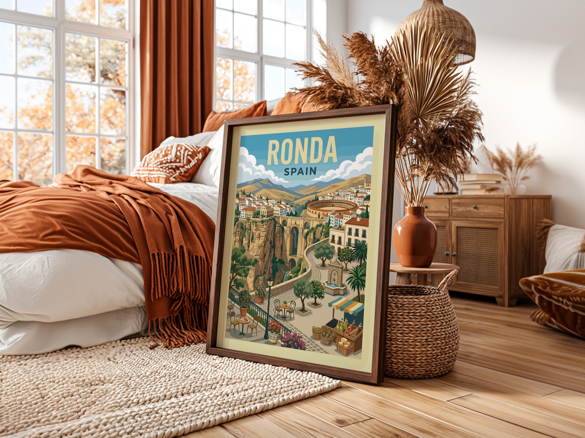 Vintage travel poster of Ronda, Spain, showing the Puente Nuevo bridge and white-washed town. Warm colors,