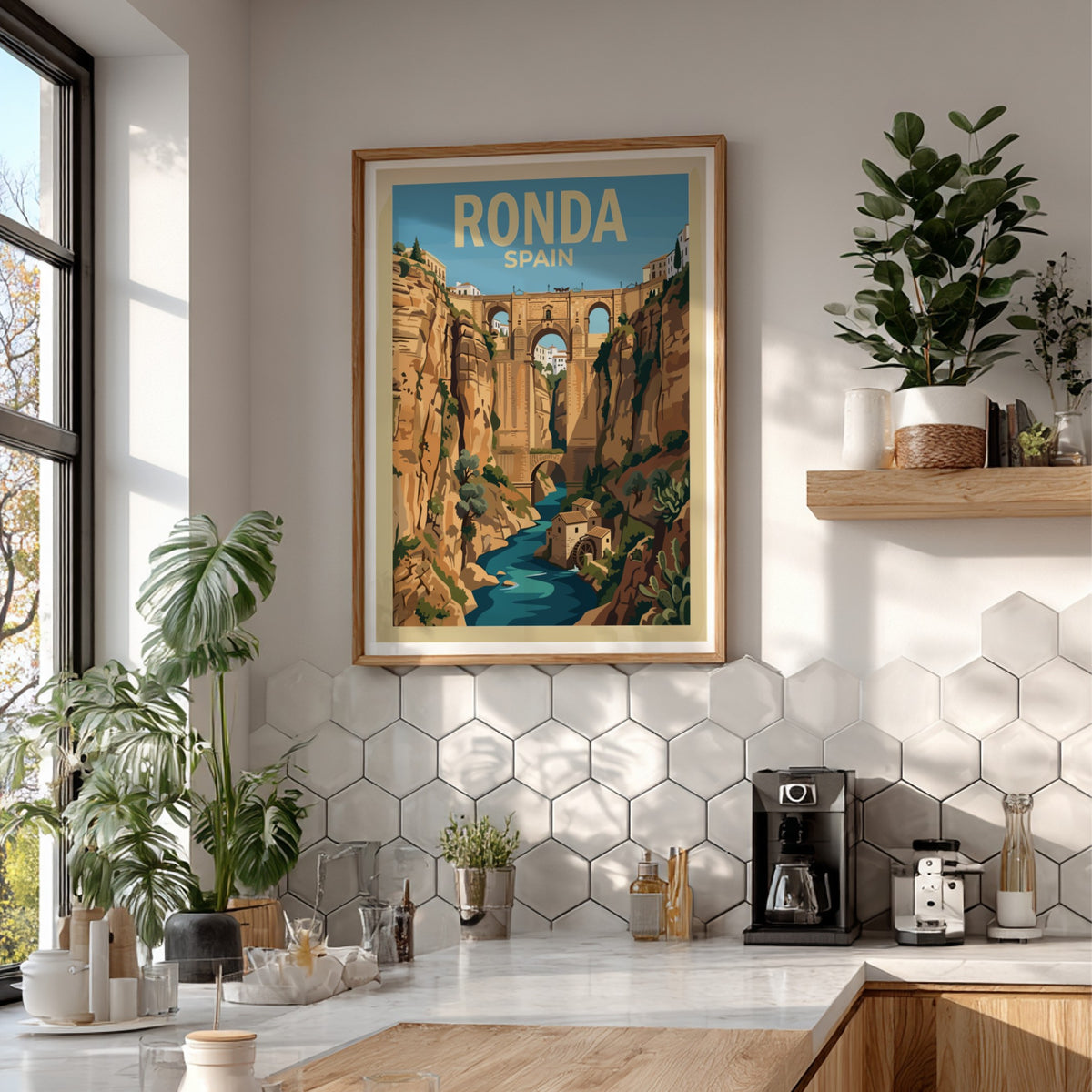 Poster of the Ronda Spain gorge featuring the famous bridge and stone buildings.