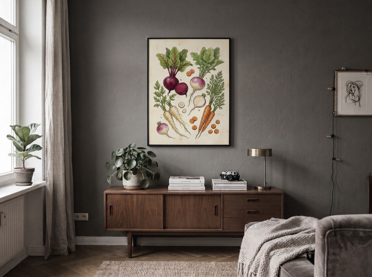 Poster featuring detailed hand-drawn root vegetables including beets and carrots on cream background