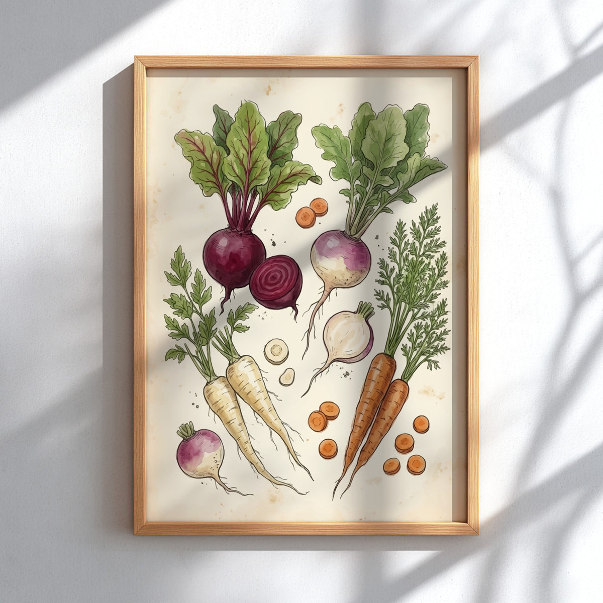 Poster featuring detailed hand-drawn root vegetables including beets and carrots on cream background