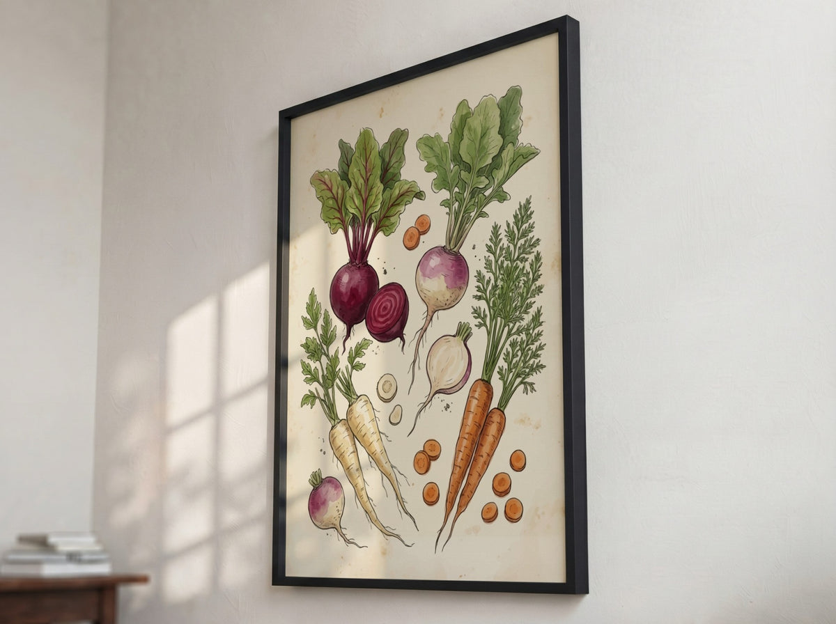 Poster featuring detailed hand-drawn root vegetables including beets and carrots on cream background
