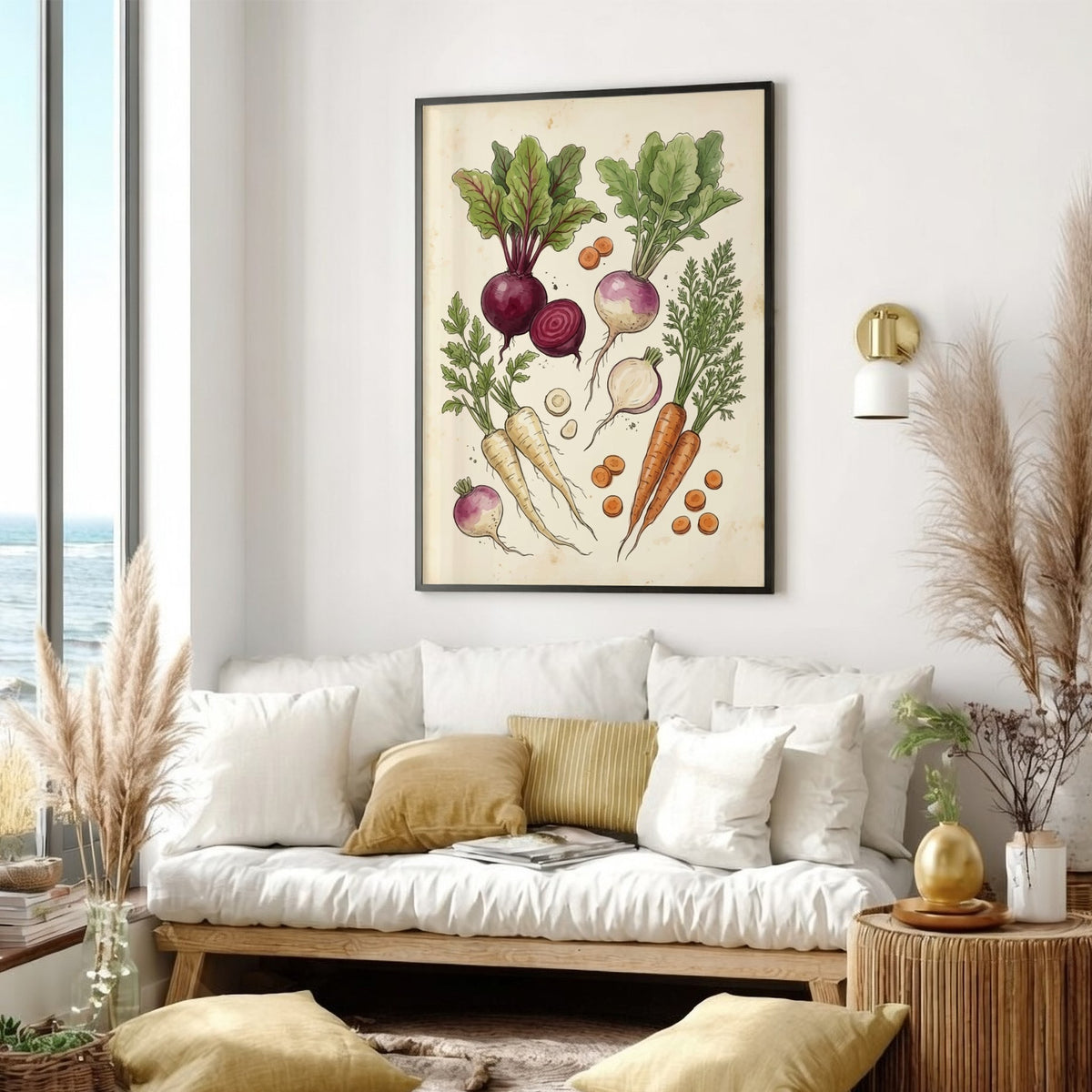 Poster featuring detailed hand-drawn root vegetables including beets and carrots on cream background
