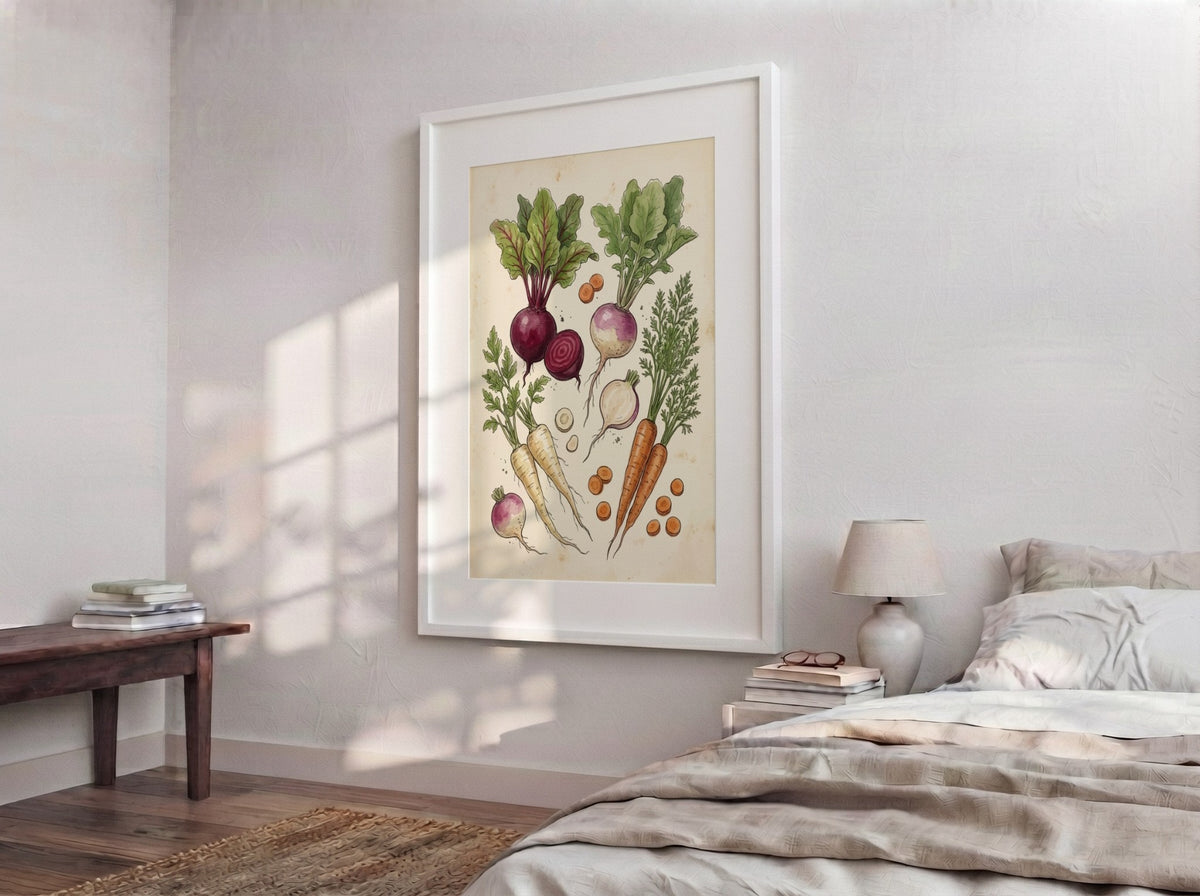 Poster featuring detailed hand-drawn root vegetables including beets and carrots on cream background
