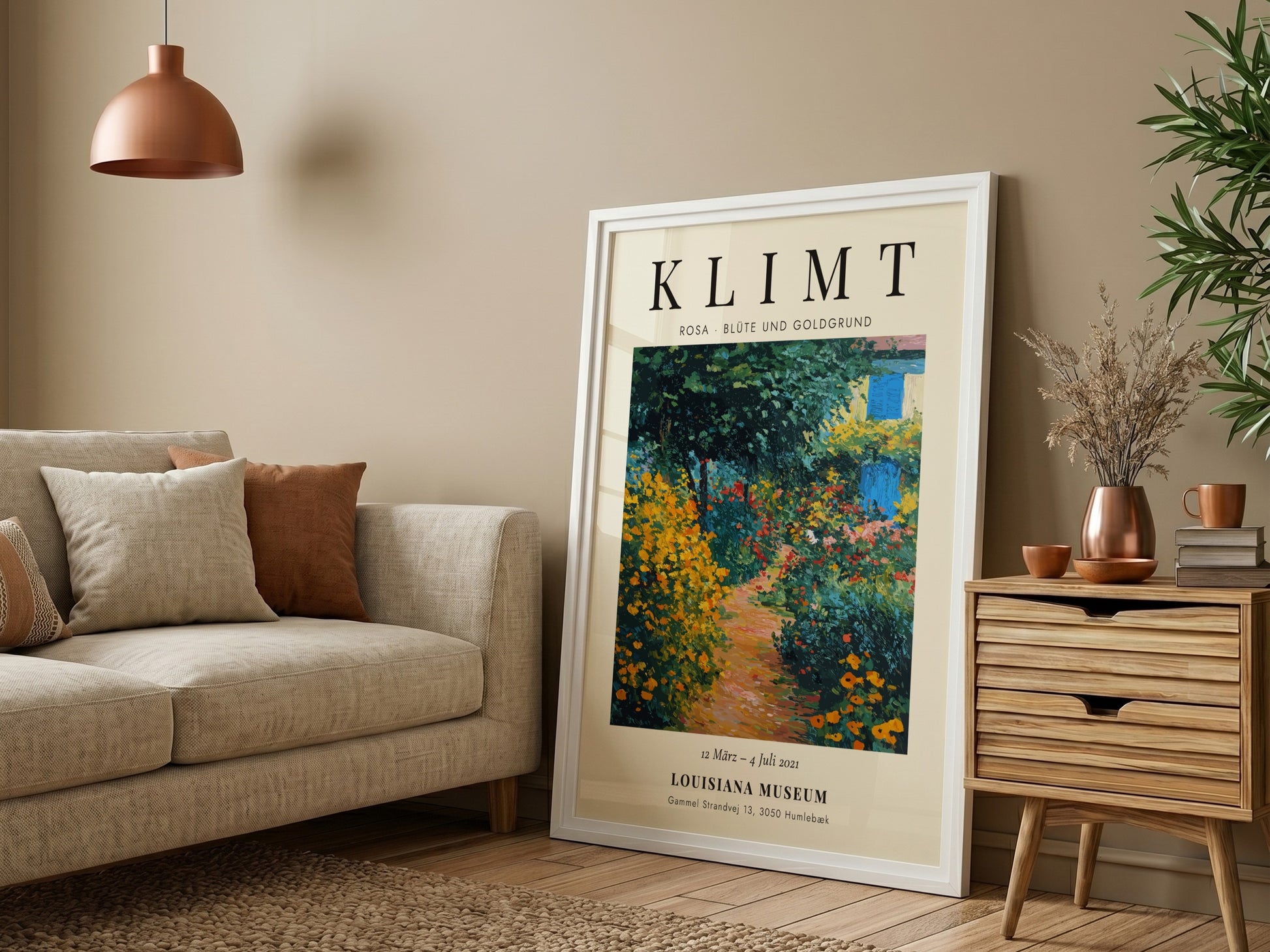 Rosa - Blüte und Goldgrund poster featuring vibrant flowers and lush greenery inspired by Gustav Klimt