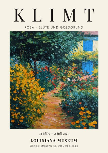Rosa - Blüte und Goldgrund poster featuring vibrant flowers and lush greenery inspired by Gustav Klimt