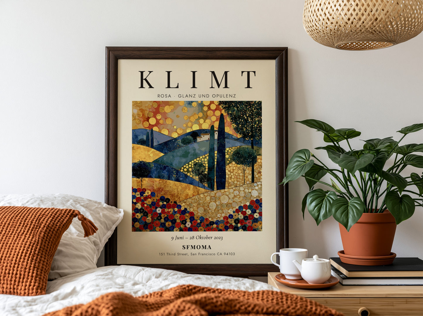 Poster inspired by Gustav Klimt featuring vibrant colors and intricate patterns in a lush landscape