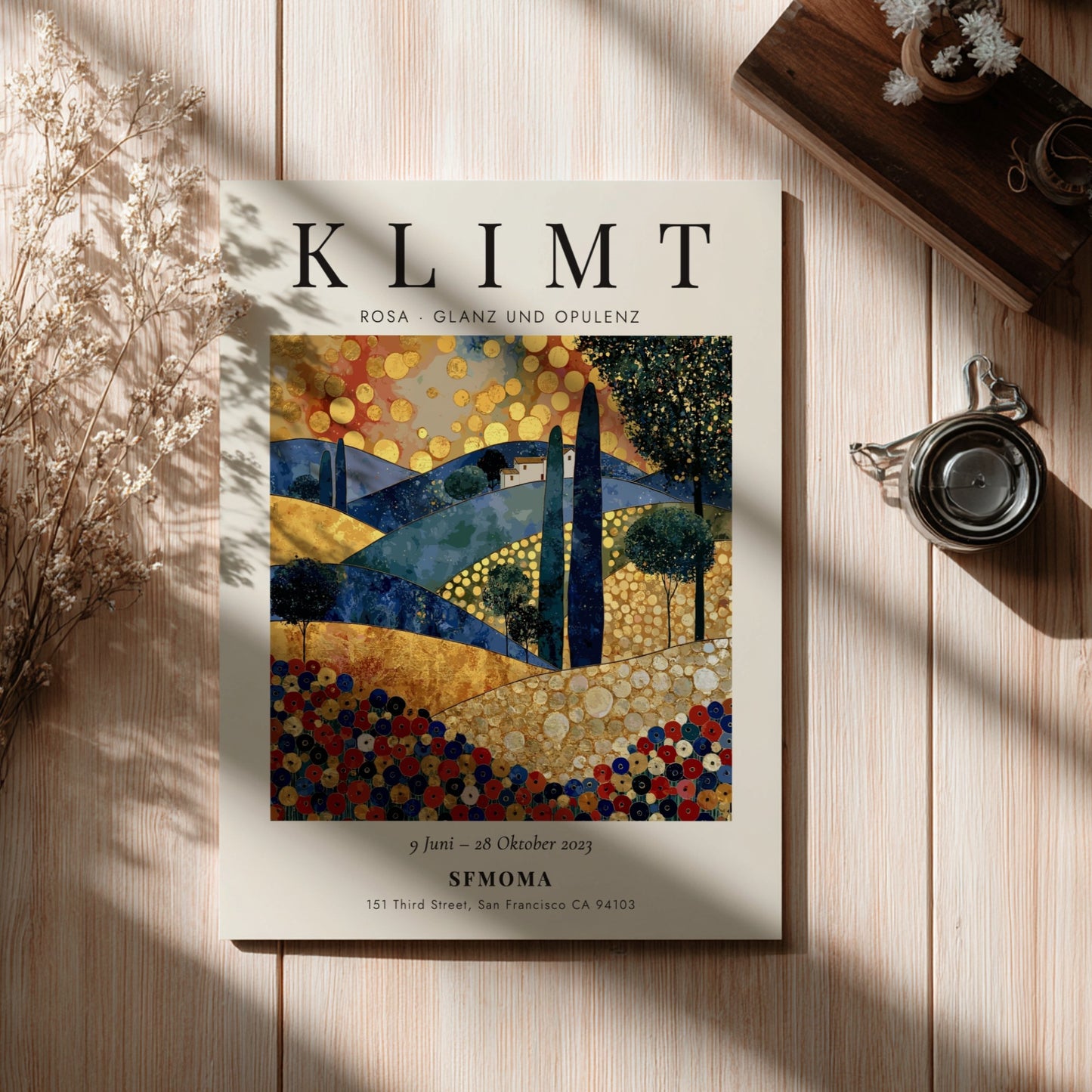 Poster inspired by Gustav Klimt featuring vibrant colors and intricate patterns in a lush landscape