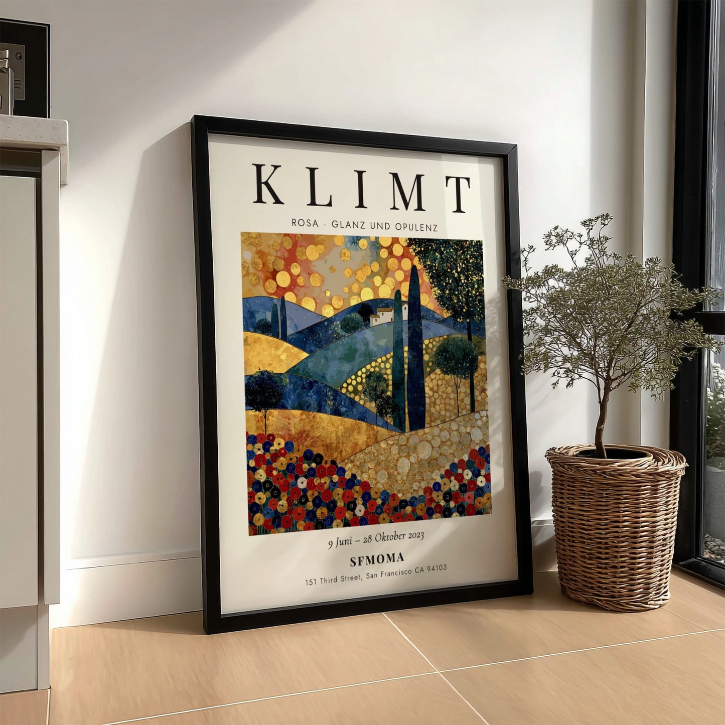 Poster inspired by Gustav Klimt featuring vibrant colors and intricate patterns in a lush landscape