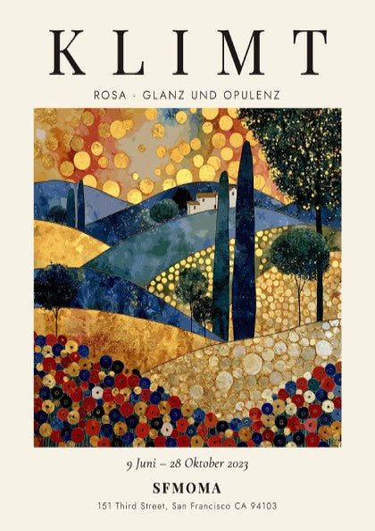 Poster inspired by Gustav Klimt featuring vibrant colors and intricate patterns in a lush landscape