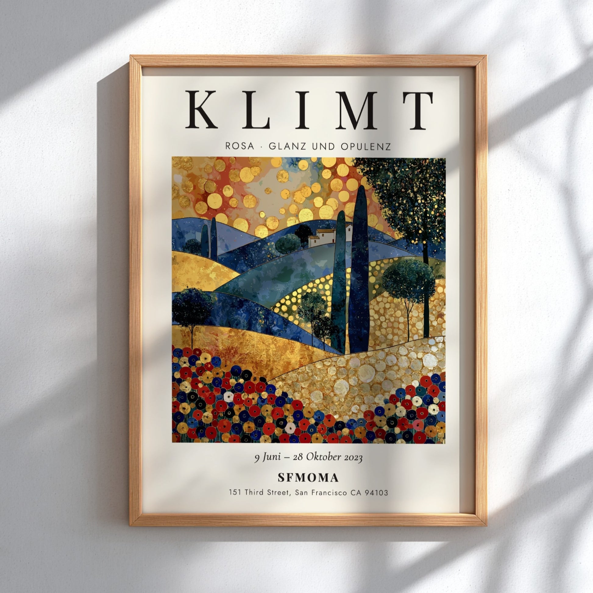 Poster inspired by Gustav Klimt featuring vibrant colors and intricate patterns in a lush landscape